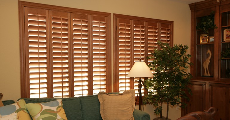 Hardwood shutters in Cincinnati living room.